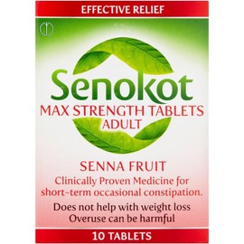 Senokot Strength Max Tablets Adults, Senna Fruit, 10 Count, Constipation Relief for Adults, Dual Action Laxative, Double Action Constipation Relief, Effective Overnight
