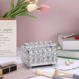 Hipiwe Crystal Mirrored Jewelry Box Decorative Trinket Organizer Treasure Box Keepsake Box Ring Holder Earrings Necklace Storage Box Wedding Christmas Birthday Gift, Silver