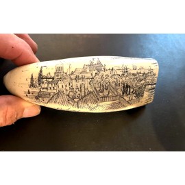 NEW !! Scrimshaw whale tooth resin REPLICA "NANTUCKET WIVES" 6" long 7" on curve