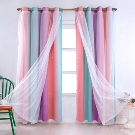 ele ELEOPTION Stars Blackout Curtains, Cut Out Stars Drapery with Eyelet, for Kids Girls Bedroom Living Room Colorful Double Layer Window Curtains, 1 Panel (Pink & Purple, 52" W x 84" L (132x213cm))