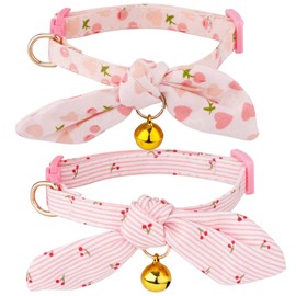2pcs Cotton Bowtie Cat Collar with Bell, Breakaway Cute Bow Tie Kitten Collars Adjustable Cherry & Pink Heart Cat Collar for Female Cats Girl and Boy Pets