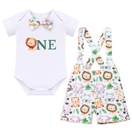 FYMNSI Baby Boys 1st Birthday Outfit Short Sleeve Romper Animal Printed Braces Shorts 2-Piece Set, White, 12 - 18 months