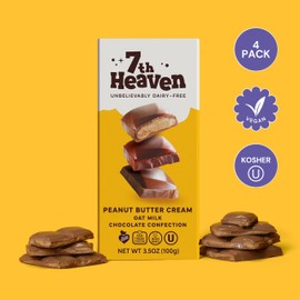 7th Heaven Vegan Peanut Butter Cream Oat Milk Chocolate Bar, Plant Based Dairy Free Chocolate with Peanut Butter Filling, Fair Trade Cocoa & Coconut Oil, Kosher Parve - 3.5oz Full Size Candy Bars, 4Pk