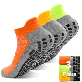 GRPSKCOS Mens Non Slip Socks 3 Pairs Size 8-13 Non Skid Sticky Grip Thick Anti-Skid Pilates Yoga Socks Hospital Slipper House Socks(04 Yellow+green+orange, 11-13)