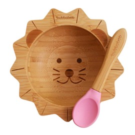 Bubbaboo Bamboo Baby Bowl and Spoon Set Baby Suction Bowl Lion Design (Pink)