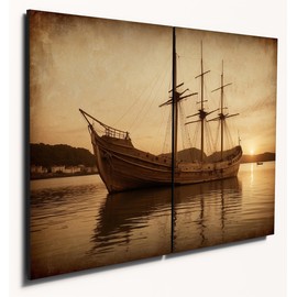 The Plum Penguin Vintage Nautical Ship Scene Wooden Wall Art, A4 Size, Set of 2 MDF Prints Canvas Alternative 40 x 30cm