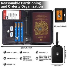 Leather Passport Holder Travel Wallet RFID Blocking Passport Wallets with Luggage Tags for Man Woman Travel Document Holder Organiser for Card,Cash,Passport,Sim Cards,Boarding Passes,Pen (Black)