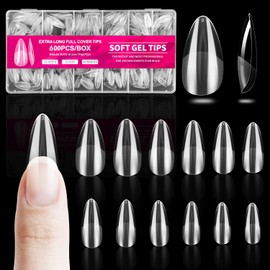 Cexovo Pack of 600 Short Almond Nail Tips, Artificial Nail Tips, Almond Nail Tips for Gel Nails, 12 Sizes, Full Coverage, Soft Gel Tips, Almond Nail Tips for DIY Beginners and Nail Salon