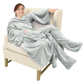 Catalonia Catalonia Wearable Fleece Blanket with Sleeves and Foot Pockets for Adult Women Men, Micro Plush Comfy Wrap Sleeved Throw Blanket Robe Large, Grey