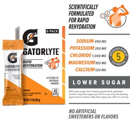 Gatorlyte Rapid Rehydration Electrolyte Powder Drink Mix, Orange, (6 Pack), Lower Sugar, Specialized Blend of 5 Elecrolytes, No Artificial Sweeteners or Flavors