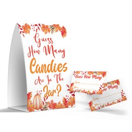Guess How Many Candy Are In The Jar - Candy Guessing Game, Thanksgiving Party Games, 1 Sign and 50 Game Cards, Fall Maple Leaf, Pumpkin, Baby Shower Games, Birthday Party -GH004