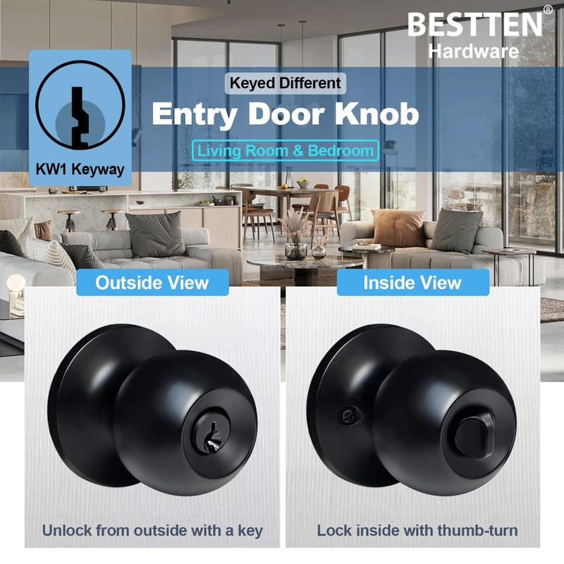 BESTTEN [2 Pack] Keyed Entry Door Knob, Entrance Door Lock,