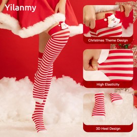 Yilanmy Christmas Thigh High Socks Women Striped Knee High Socks Long Over Knee Stockings with Bow for Women Girls (Stripes, Red+Green)