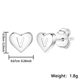 Delicate S925 Silver Heart Pendant Earrings Gift 26 Letter Initial A-Z Stud Erarrings For Women Girls Mum Daughter Sisters Friends Lover Birthday Christmas Party Silver Jewellery (V)