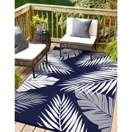 sarben Outdoor Rug 5’x8’ Waterproof for Patio Clearance, Reversible Indoor Outdoor Plastic Straw Camping Rug Carpet, RV Mat, Large Area Rug for Deck, Backyard, Balcony, Porch, Beach, Blue & White