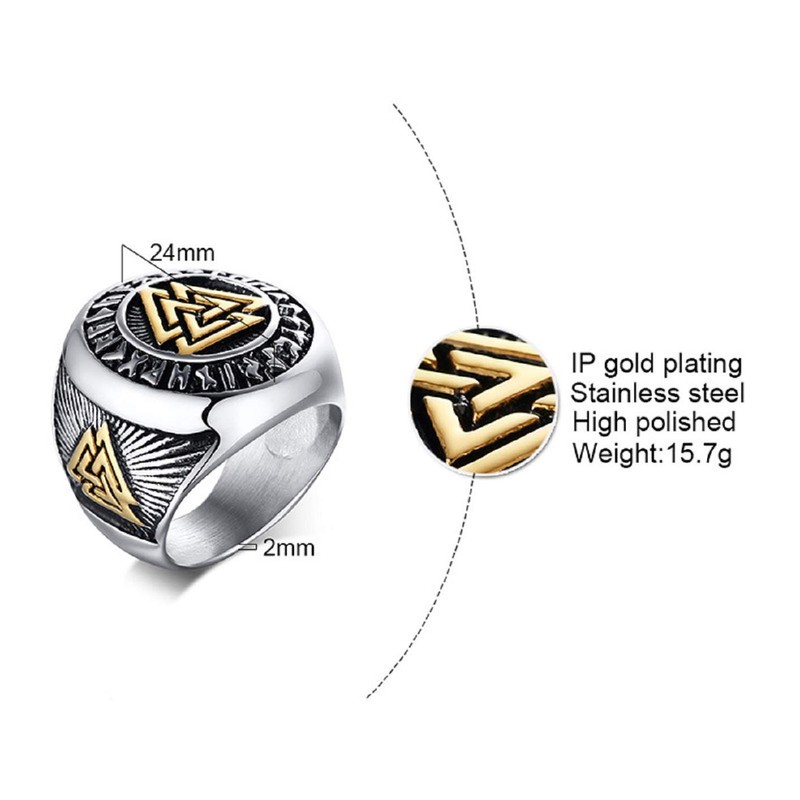 PikaLF Triple Valknut Ring With Rune Circle Symbol, Odin Symbol