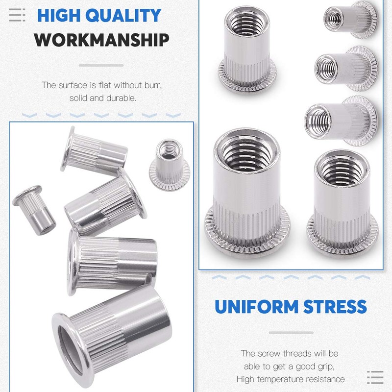 Glarks 180Pcs 304 Stainless Steel Flat Head Threaded Rivetnut Insert