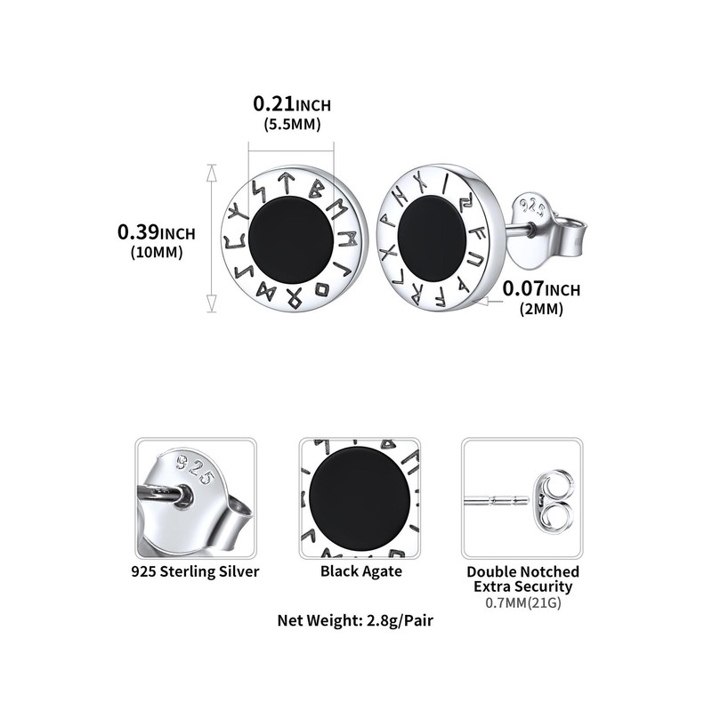 ChicSilver 925 Sterling Silver Rune Earrings for Women Men Black