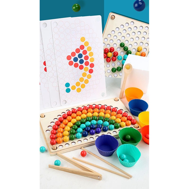 Wooden Peg Board Beads Game Educational Rainbow Clip Beads Puzzle
