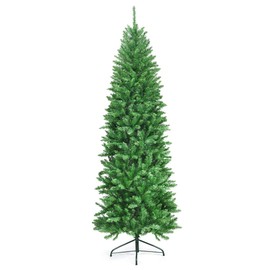 DORTALA Pre-lit Christmas Tree, 7 FT Artificial Pencil Xmas Tree with 995 Branch Tips, 350 Warm LED Lights, Folding Metal Stand, Green