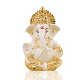 Gold Art India Gold and Silver Ganesh Idol for Car Dashboard Ganesha Murti Ganpati Idol for Home Decor Puja Lord Ganesh Statue Gift for Office Desk Puja Room Figurine (Gold and Cream)