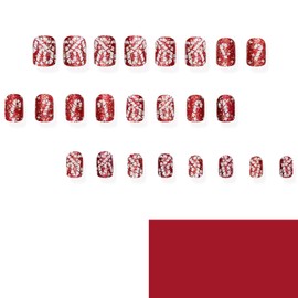 Christmas Red Press on Nails Short Square Fake Nails Christmas Red Glitter Glue on Nails Christmas Candy Cane Design Full Cover False Nails Winter Xmas Acrylic Nails Kit for Women Girls 24Pcs
