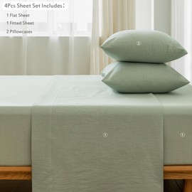 MooMee Bedding Sheet Set 100% Washed Cotton Linen Like Textured Breathable Durable Soft Comfy (Sage Green, Queen)