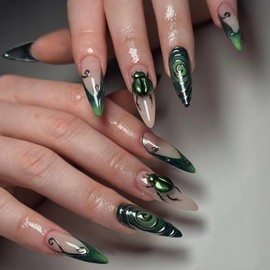 MISUD Press on Nails - Medium Stiletto Glue on Nails with Goth Dark Green, Acrylic Ladybug Design 24 pcs