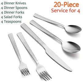 E-far 20-Piece Hammered Silverware Set, Stainless Steel Square Flatware Set Service for 4, Tableware Cutlery Set Includes Forks Spoons Knives, Modern Design & Mirror Finish - Dishwasher Safe