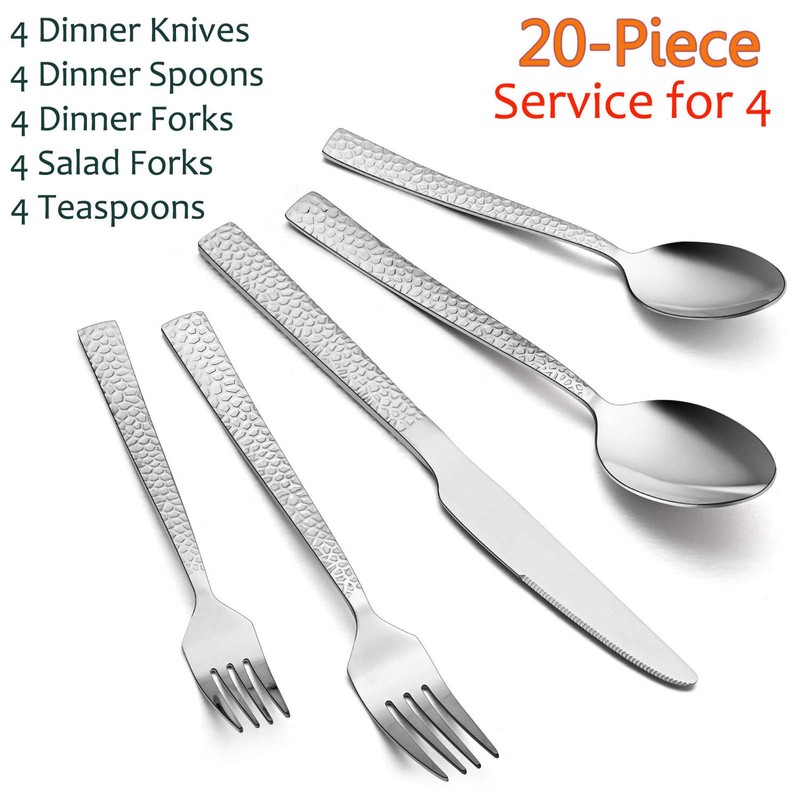 E-far 20-Piece Hammered Silverware Set, Stainless Steel Square Flatware Set