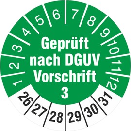 Pack of 10 tested according to DGUV regulations, 3 test labels/test badges, 30 mm, round, 2026-2031