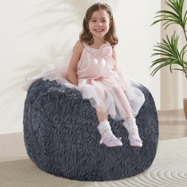 Bean Bag Cover (No Filler), Stuffed Animal Storage Bean Bag Covers for Kids, Soft Faux Fur Washable Cover with Pocket Handle, Comfy Fluffy Beanbag for Organizing Plush Toys, 27"x21" Dark Grey