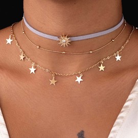 Atentuyi Bohemia Layered Choker Necklace Gold Satellite Bead Necklace Star Pendant Necklace Sun Velvet Choker Necklace Vintage Tassel Star Necklace Jewelry for Women and Girls