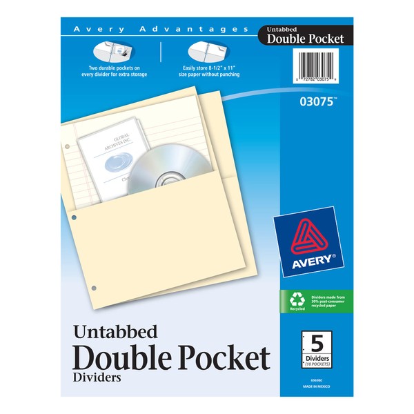 AVERY Untabbed Double Pocket Dividers, 5-Divider Set (3075)