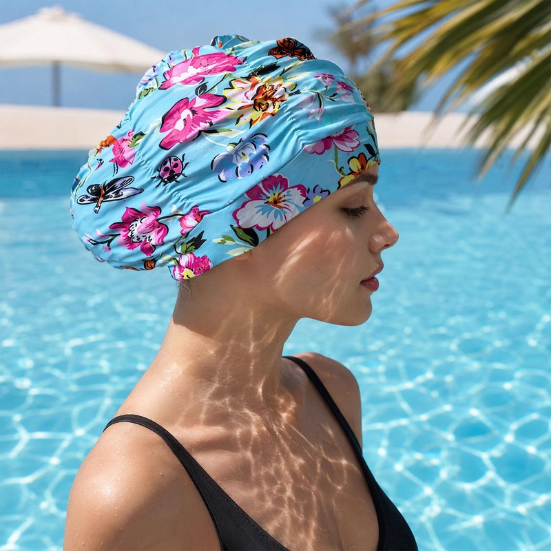 Pleated Fabric Swimming Cap for Women, Loose Fit Swim Hat