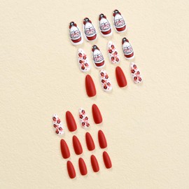 Christmas Press on Nails Medium Almond Fake Nails with Santa Claus Design Red Gift Glue on Nails Wine Red Stick on Nails Xmas False Nails for Women Girls Winter Holiday Manicure 24pcs