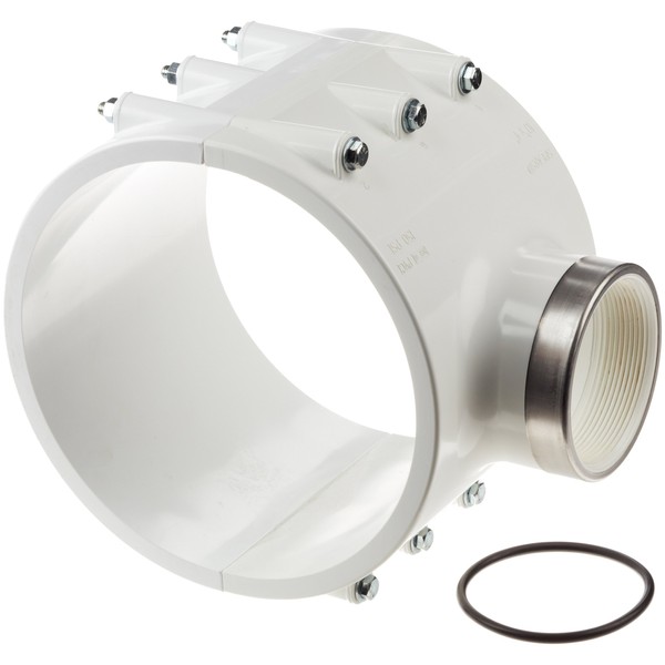 Spears 467-SR Series PVC Clamp-On Saddle with Buna O-Ring, Zink Bolt, Stainless Steel Reinforced Outlet, Schedule 40, White, 8" IPS OD x 2-1/2" NPT Female
