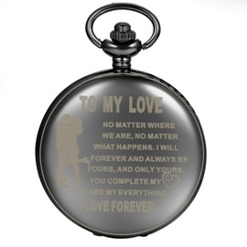 JewelryWe Engraved Pocket Watch with Chain Men Women Analogue Quartz Chain Watch with Engraving Simple Smooth Watch Pendant Necklace Gift, To My Love, Dress