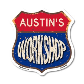 Austin's Workshop 18 inch X 18 inch Shield Shaped Commercial Grade Plastic Sign Weather Resistant, UV Protected To last, Gift for Dads and Uncles Classic Americana Crafted in the USA