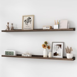 Picture Ledge Shelf, Elm Wood Floating Shelves for Wall, Rustic Wall Storage Shelves with Lip, Kids Bookshelf, Photo & Picture Ledge Shelves for Bedroom, Living Room, Kitchen (Walnut, 48in Set 2)