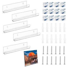HUSOUE 6 PCS Vinyl Wall Mount, Floating Shelves Vinyl Wall Mount Clear Acrylic Shelves Wall Mounted Display Shelf 12 Inch for Wall Decor Magazine Rack Picture Ledge