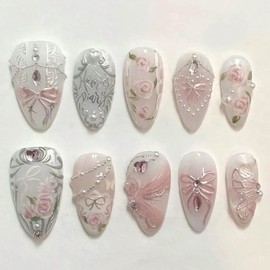 24Pcs Pink Bows Press on Nails Medium Almond Fake Nails Pink Rose Flower False Nails 3D Shiny Rhinestone Pearl Chain Press on Acrylic Nail Cute Bow Floral Stick on Nail Blush Glue on Nails for Women