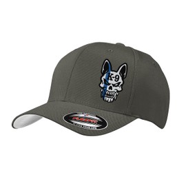 Police K-9 Unit Dog Skull Thin Blue Line 6277/6477 Custom Embroidered Baseball Flex Fitted Hat (S/M, Dark Grey)