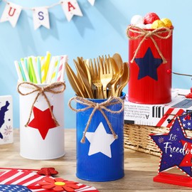 Domensi 12 Pcs 4th of July Table Centerpiece Patriotic Vase Decor Galvanized Metal Vases for Flowers Red White Blue Utensil Holder Jars for Kitchen Home Independence Day Memorial Day Labor Decorations