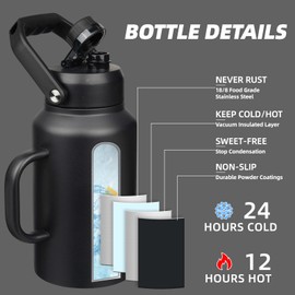 BJPKPK 87oz Insulated Water Bottle with Handle, Large Dishwasher Safe 2/3 Gallon Water Bottle, BPA Free Water Jug, Wide Mouth Metal Flasks with Anti-slip Bottom, Keep Cold & Hot,Black