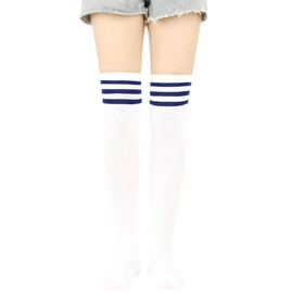 UTTPLL Women-Thigh-Socks-Striped-Colorful-Stockings Athletic Outdoor Compression Long Boot Sock Running Casual Knee High Tightsl White Blue One Size