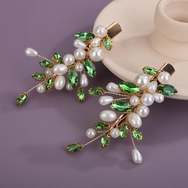 Teyglen 2Pcs Pearl Wedding Hair Clips Green Crystal Hair Barrette Rhinestone Pearl Bridal Hair Clips Pins Decorative Hair Jewelry Accessories for Women (Green)