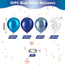 Blue Balloons, 50pcs Metallic Blue Balloons, Metallic Baby Blue Navy Blue Balloons, Silver Confetti Balloons for Man Boys Kids Birthday Gender Reveal Baby Shower Party Wedding Bridal Shower Decoration