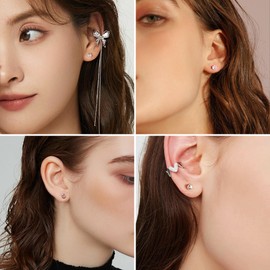 Ash's Choice Women's Gold Stud Earrings, 6 Pairs, Multipack, Small Mini Earrings, 14 Carat Gold-Plated, Ball, Heart, 925 Silver Earrings, Glitz Cubic Zirconia, Cartilage, Silver