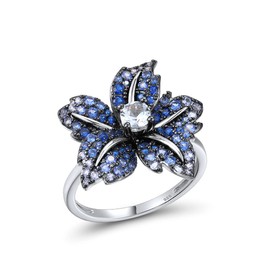 Santuzza 925 Sterling Silver Lily Ring Blue Spinel Nano Cubic Zirconia Gemstone Flower Statement Ring for Women (7)